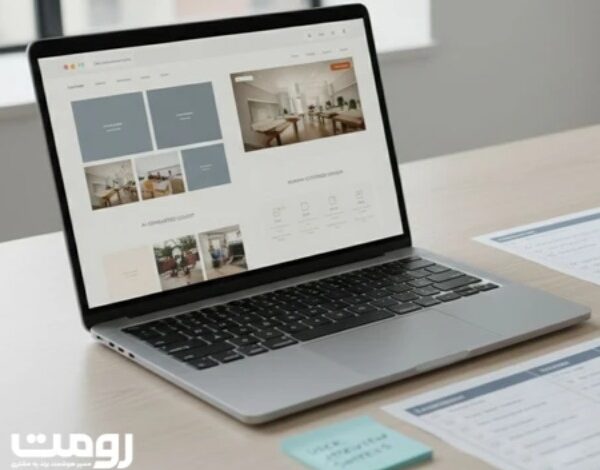 برنامه‌ریزی و مستندسازی مراحل طراحی سایت شرکتی؛ بررسی نمونه صفحات وب روی لپ‌تاپ و تکمیل فرم‌ها و یادداشت‌ها روی میز کار