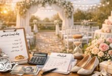 میز برنامه‌ریزی عروسی در نمای لنداسکیپ؛ چک‌لیست عروسی، برگه قرارداد و تقویم زمان‌بندی کنار ماشین‌حساب، حلقه‌ها، دسته‌گل و کفش عروس، با پس‌زمینه‌ی فضای مراسم و نورهای ریسه‌ای.