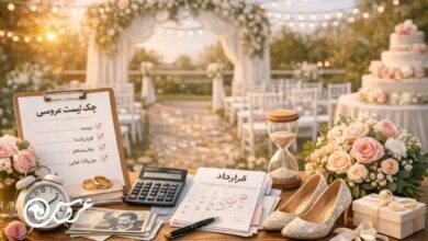 میز برنامه‌ریزی عروسی در نمای لنداسکیپ؛ چک‌لیست عروسی، برگه قرارداد و تقویم زمان‌بندی کنار ماشین‌حساب، حلقه‌ها، دسته‌گل و کفش عروس، با پس‌زمینه‌ی فضای مراسم و نورهای ریسه‌ای.