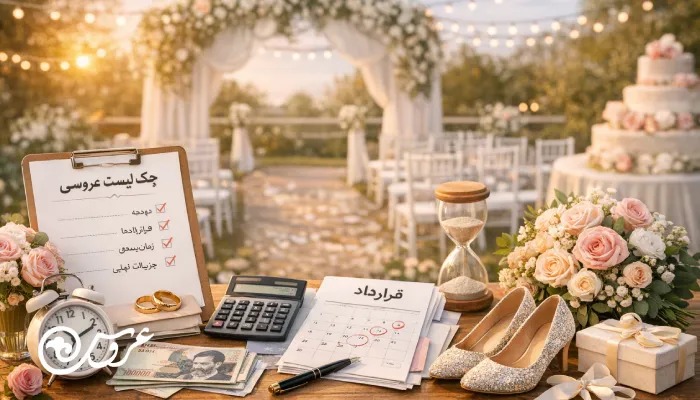 میز برنامه‌ریزی عروسی در نمای لنداسکیپ؛ چک‌لیست عروسی، برگه قرارداد و تقویم زمان‌بندی کنار ماشین‌حساب، حلقه‌ها، دسته‌گل و کفش عروس، با پس‌زمینه‌ی فضای مراسم و نورهای ریسه‌ای.